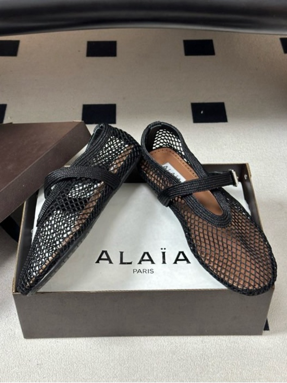 Alaïa Black Mesh Mary Jane Mule Slide Sandals